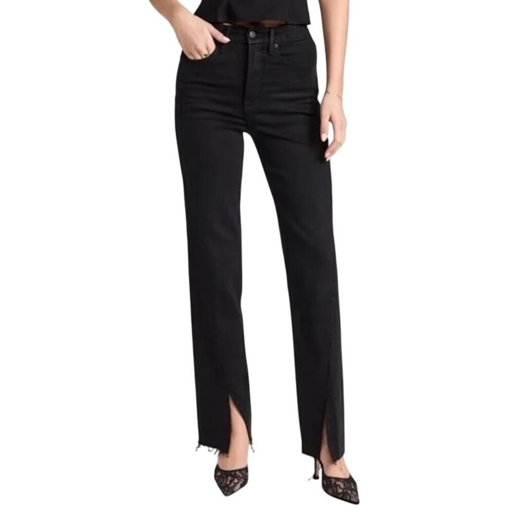 Good American Good Boy Black Twisted Seam Front Slit Stretch High Rise Jeans